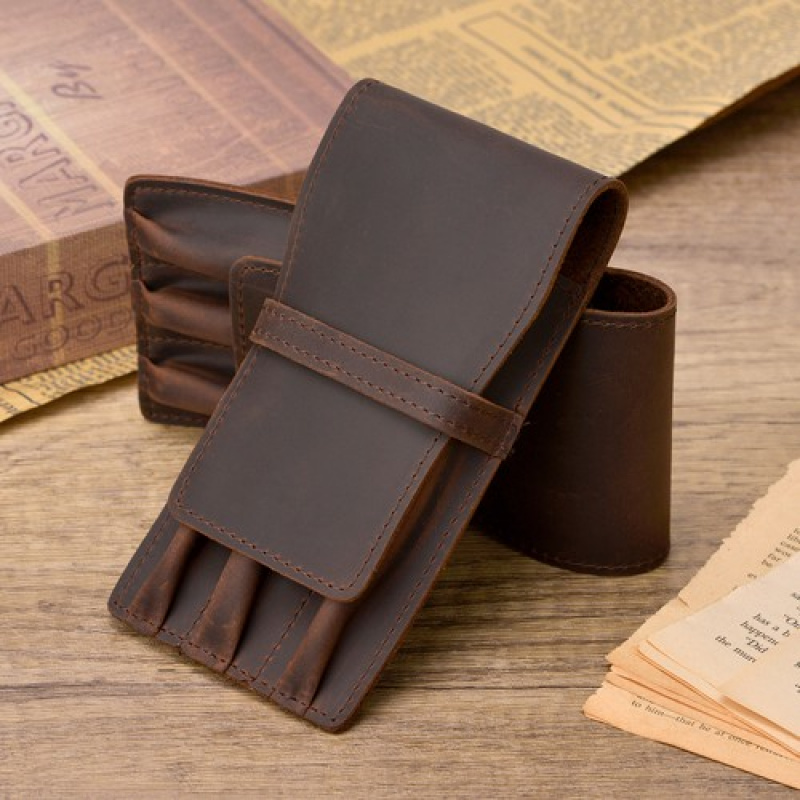 Leather Fountain Pen Case 3 Slots Pouch - A+ 3 Slots Vintage Leather Fountain