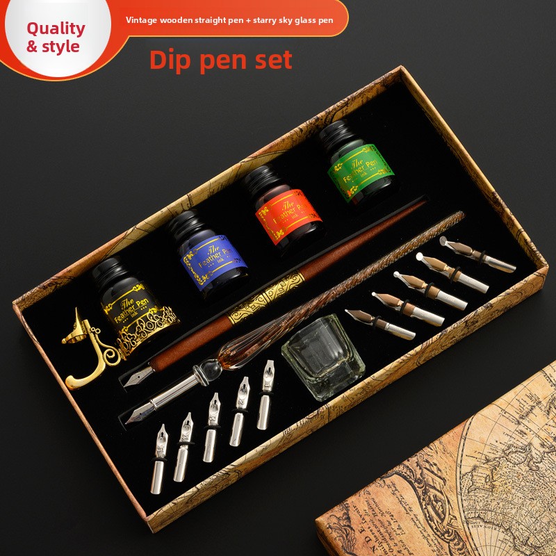 Glass Dip Pen Calligraphy Ink Set - Glass Dip Pen Set with Wooden