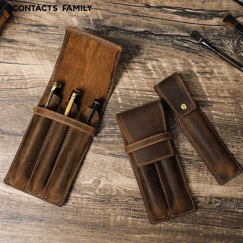 Vintage Crazy Horse Leather Pe - đánh giá và giá Leather Fountain Pen Case 3 Slots Pouch