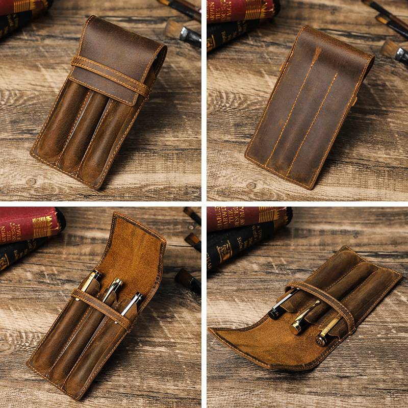 Vintage Crazy Horse Leather Pe - đánh giá và giá Leather Fountain Pen Case 3 Slots Pouch
