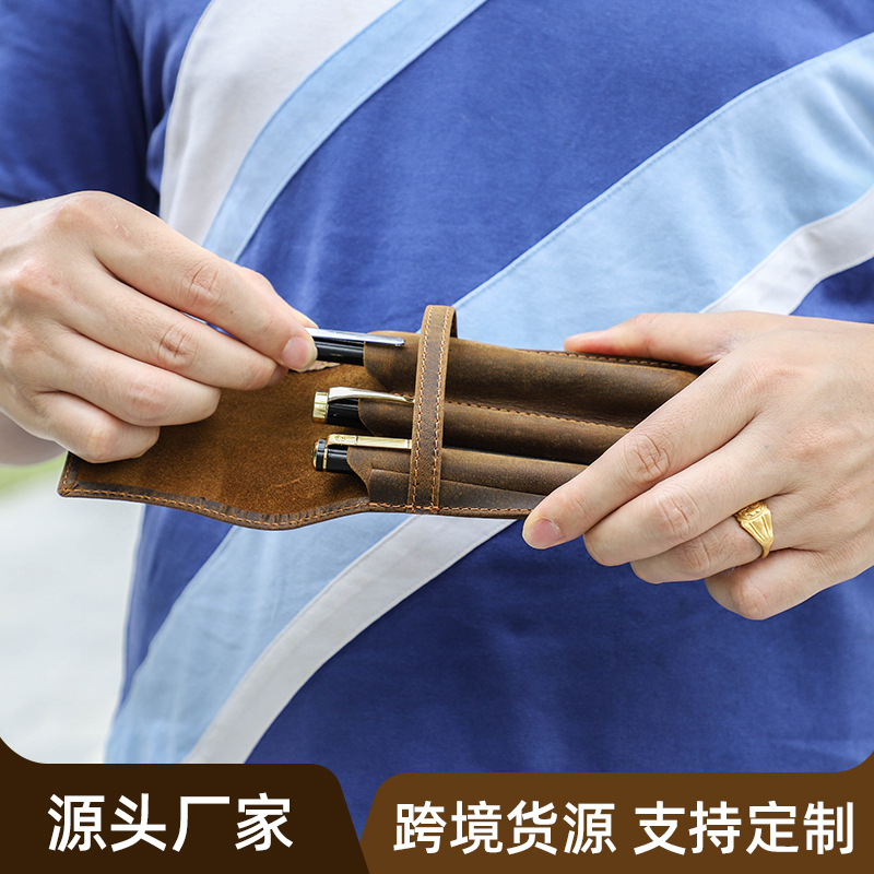 Vintage Crazy Horse Leather Pe - đánh giá và giá Leather Fountain Pen Case 3 Slots Pouch
