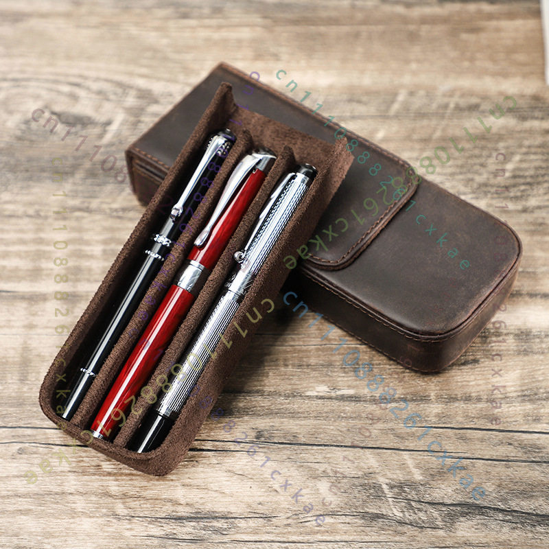 Vintage Crazy Horse Leather Pe - đánh giá và giá Leather Fountain Pen Case 3 Slots Pouch