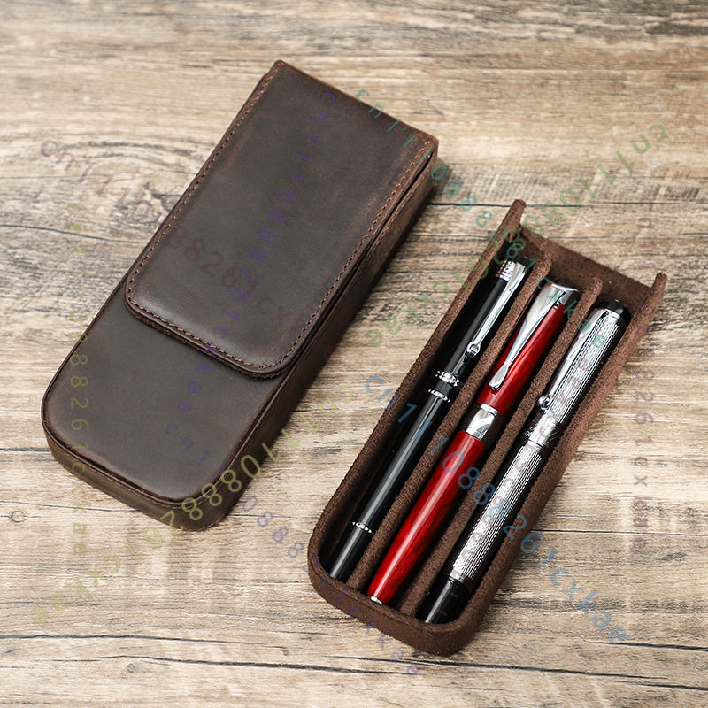 Vintage Crazy Horse Leather Pe - đánh giá và giá Leather Fountain Pen Case 3 Slots Pouch
